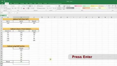 Subtracting Numbers in Excel using different methods