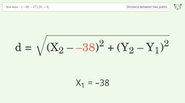 Find the distance between two points p1 (-38,-17) and p2 (91,-3): Step-by-Step Video Solution