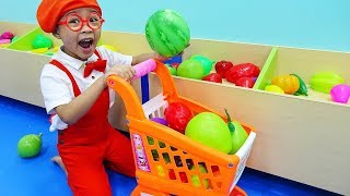 Indoor playground family fun Baby and Brother play shopping fruits and cooking - Nusery rhymes songs