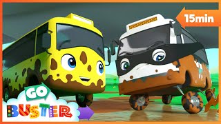 Skidding Race in Muddy Puddles  A Stormy Day | Go Buster  Bus Cartoons & Kids Stories