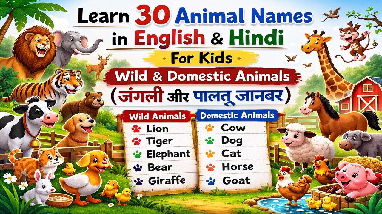 Learn 30 Animals Name in English & Hindi 🦁 | Animals Sound for Kids | जंगली और पालतू जानवर
