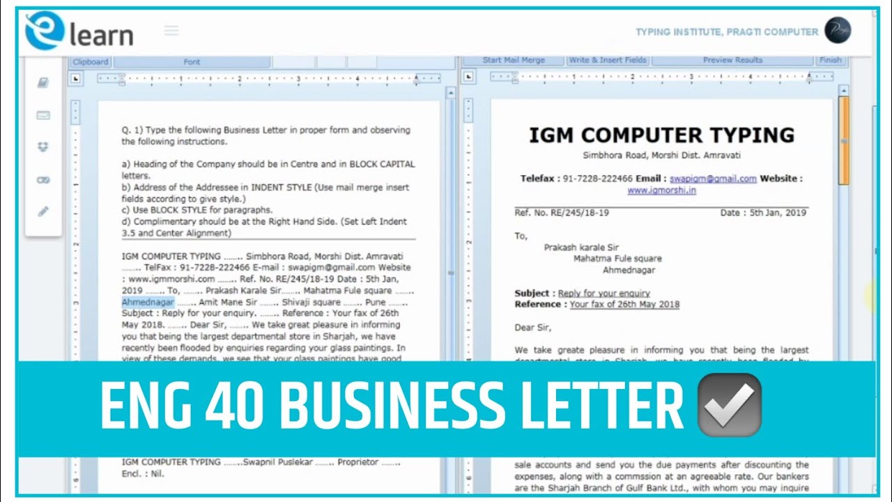 GCCTBC ENG 40 BUSSINES LETTER, Pragati Computer Typing, Dharashiv