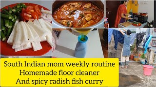 Telugu housewife|South Indian mom weekly routine|washing| cleaning| cooking spicy radish fish curry