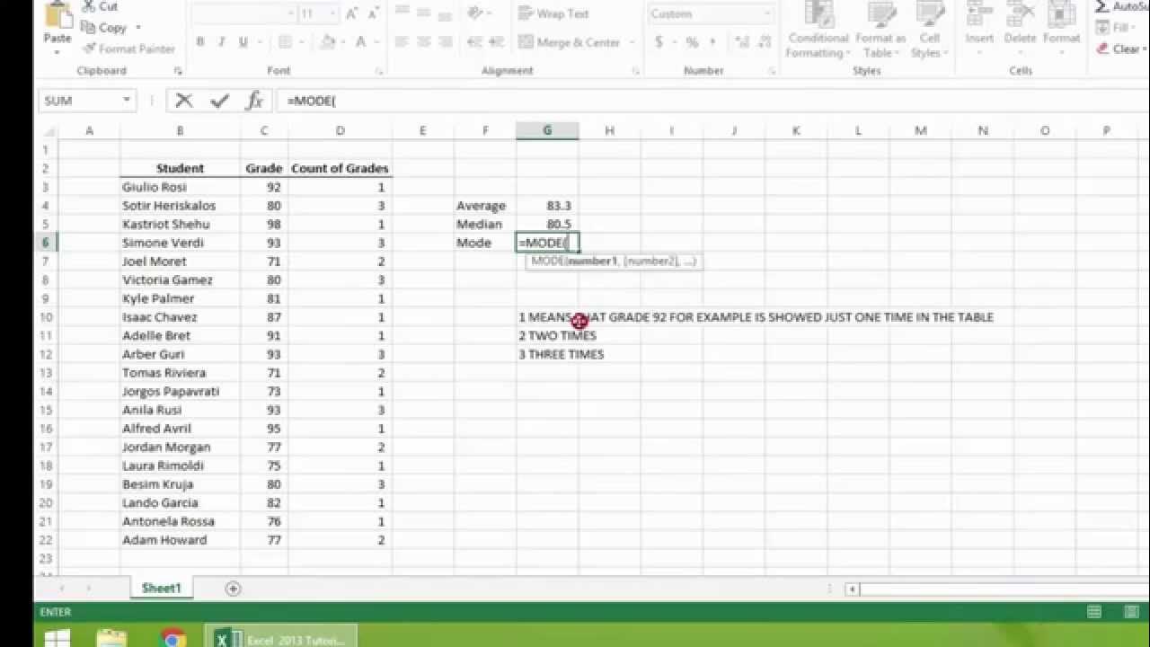 Excel 2013 Tutorial How to Calculate Arithmetic Mean (Average), Median ...