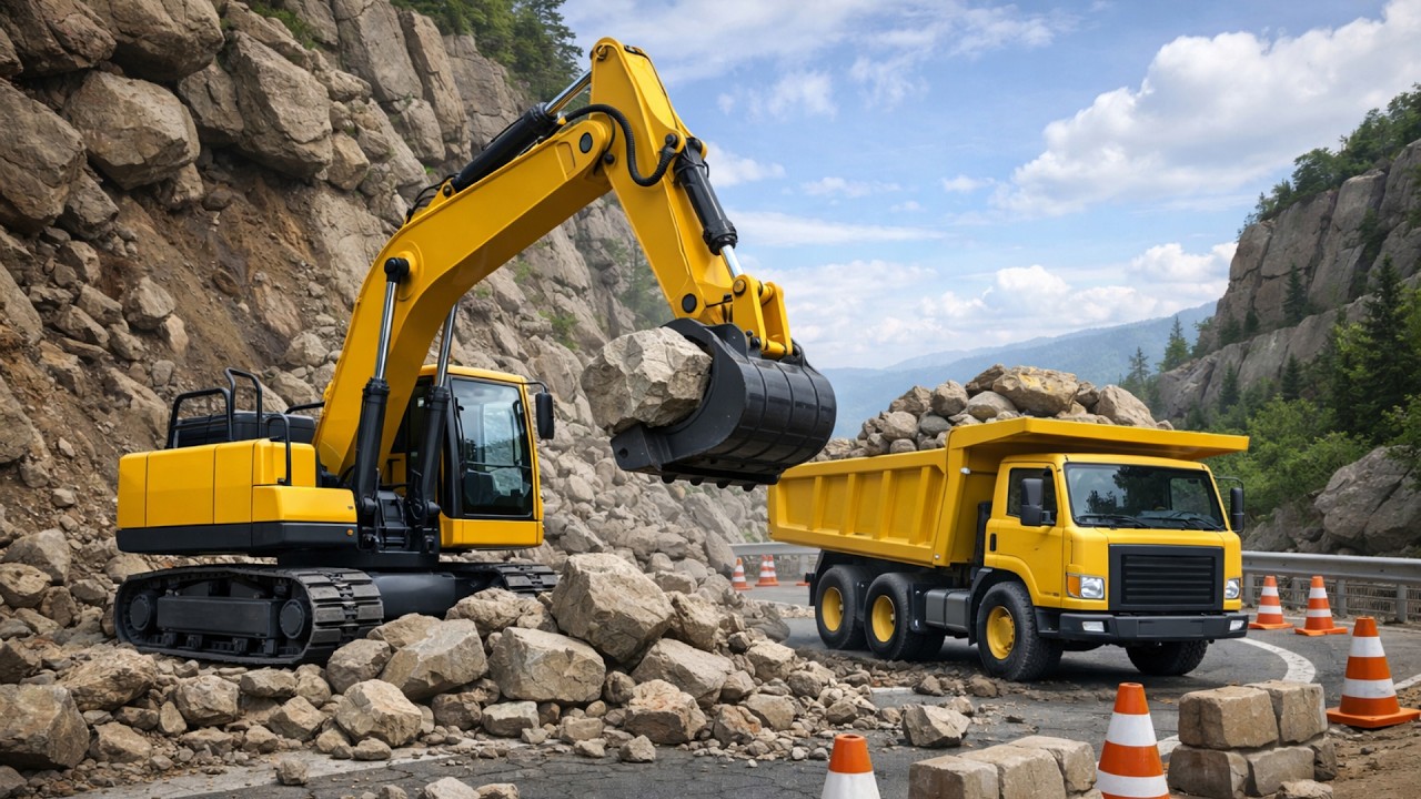 Rockslide Blocks the Mountain Road! Heavy Machines Clear the Way Fast | Construction Vehicles Story