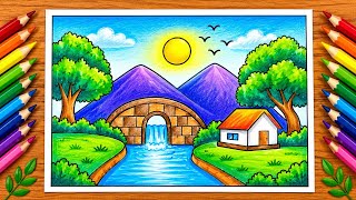 How to Draw Nature Scenery of Waterfall, Sunset, and Houses | Easy Sunset Over Waterfall Scenery