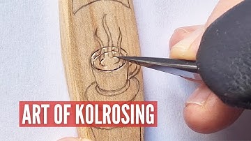 Art of Kolrosing a Coffee Cup on a Coffee Scoop. Ancient Decorating Technique. Meditative Wood Art.