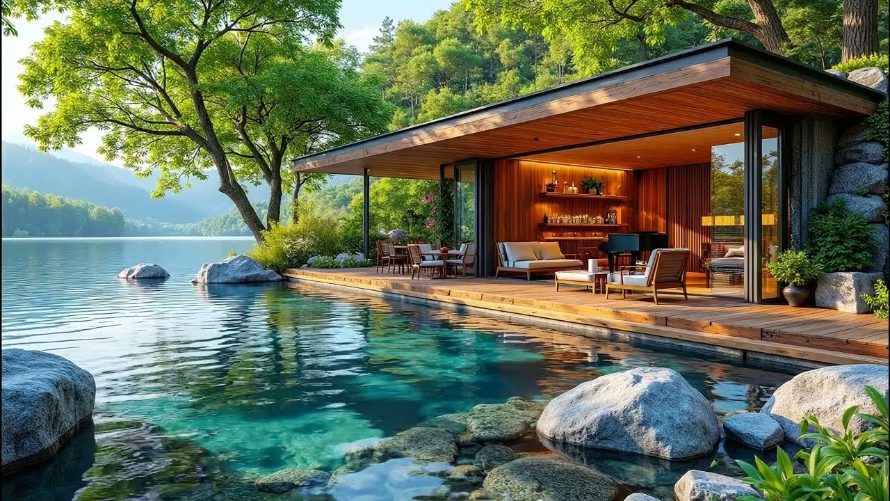 Soft Morning Jazz in a Glass Lake House for Work & Focus in a Calm Setting