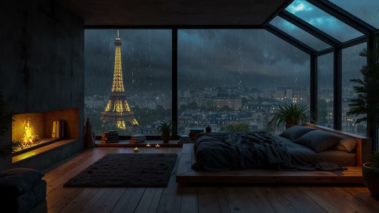 Late Night Rain in Paris City | Luxury Indoor View  With Rain On Window & Fireplace Crackling
