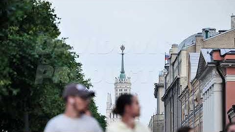 Kudrinskaya Square building, a Stalinist skyscraper with Russian flag in Moscow, Russia