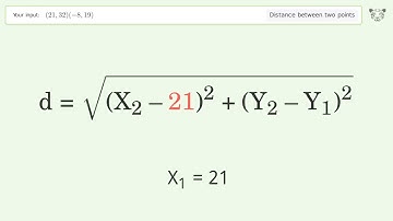 Find the distance between two points p1 (21,32) and p2 (-8,19): Step-by-Step Video Solution