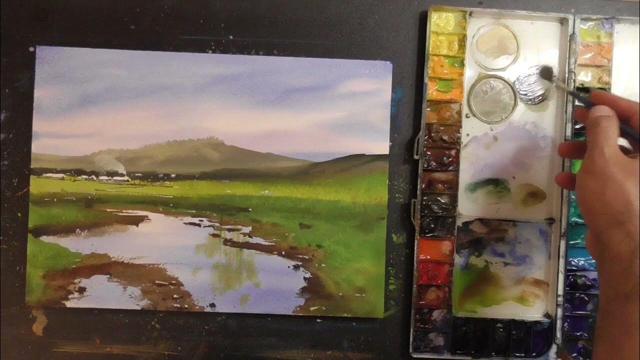 How to paint landscape in watercolor painting demo by javid tabatabaei
