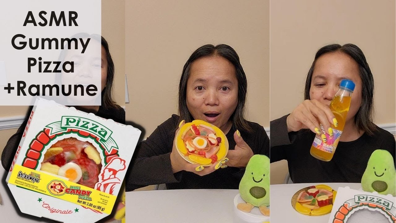 ASMR Raindrop's Gummy Pizza Candy. Soft chewing sounds, Whispering.