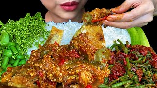 EATING SPICY FOOD||FRIED FISH, SPICY EGGPLANT CHILI SAUCE, SPICY CHAYOTE PLANT WITH RICE