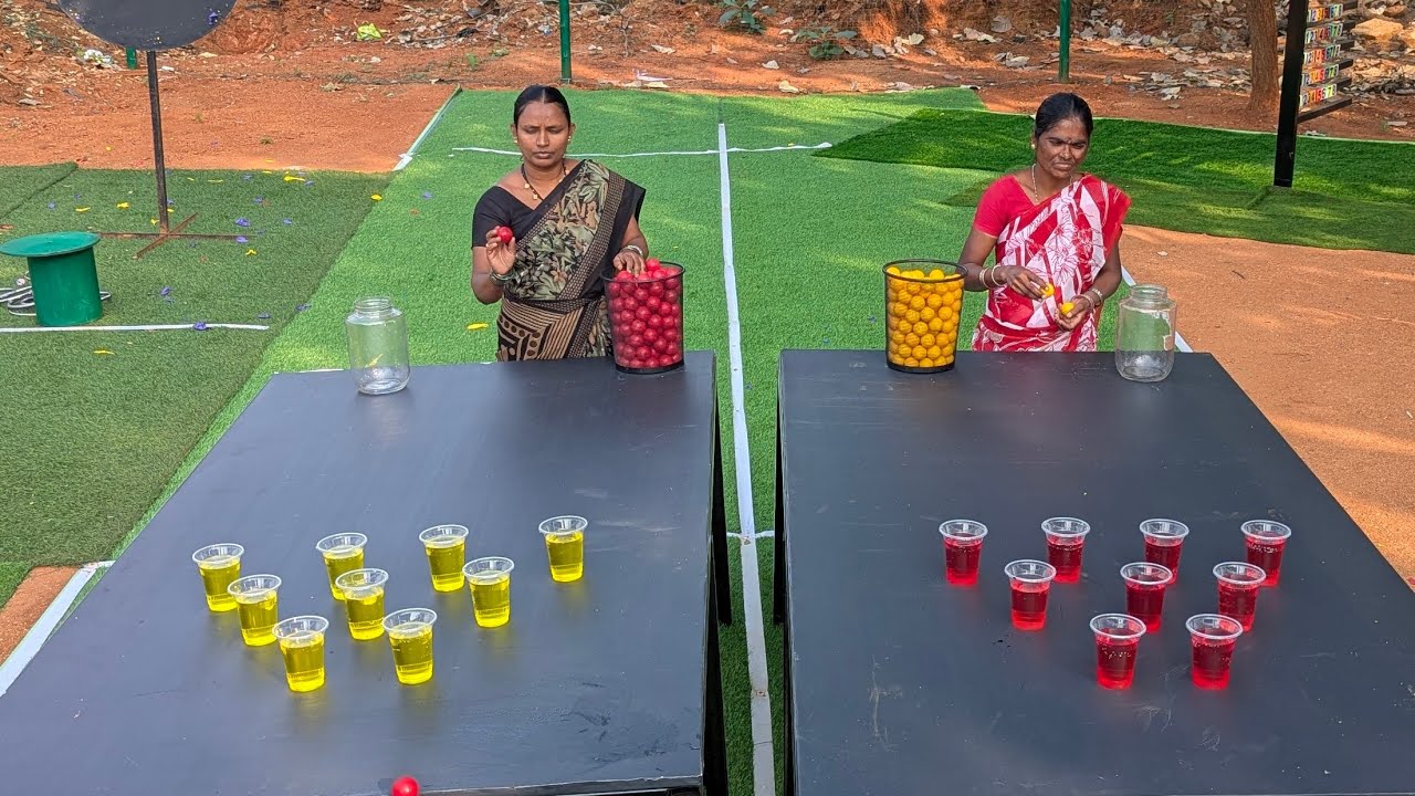 Drop the ping pong balls into glass|| Village Avengers