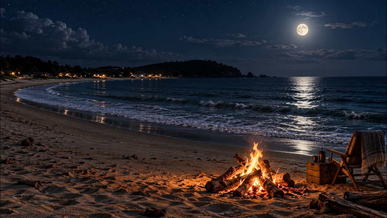 Quiet Coastal Village Night 🔥 Gentle Sea Waves & Campfire Sounds ~ for Sleep, Focus and Calm