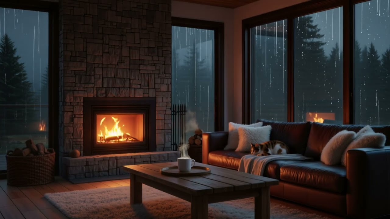 4 HOURS Cozy Fireplace & Thunderstorm — NO MUSIC — Rain & Fire Sounds