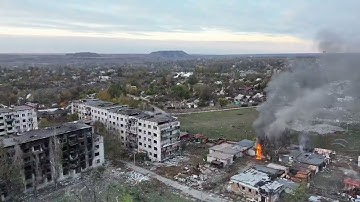 Myrnohrad - XX.10.2025. A Ukrainian Drone Films The Fire Site In The City. Mid October, 2025.