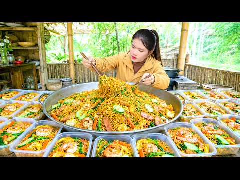 Homemade Stir-Fried Noodles Cooking - Countryside Recipe with Fresh Topping Shrimp and Vegetable