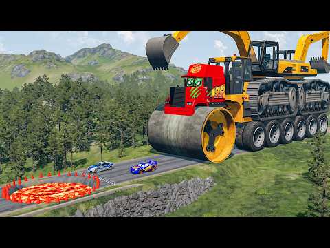 Giant CRUSHER DOZER Mack Truck Eater VS Cars Lightning McQueen & Police Car Downhill Race|BNG.Drive