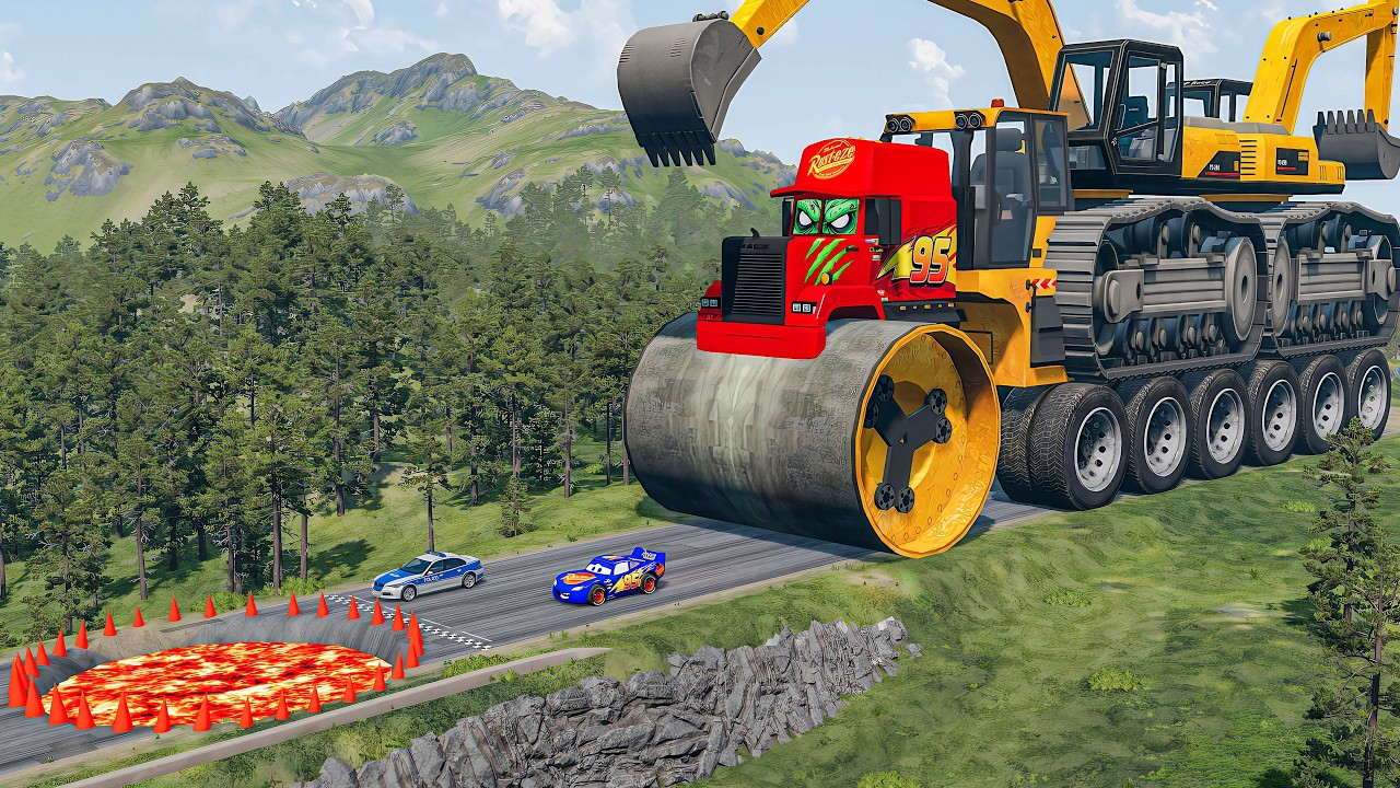 Giant CRUSHER DOZER Mack Truck Eater VS Cars Lightning McQueen & Police Car Downhill Race|BNG.Drive