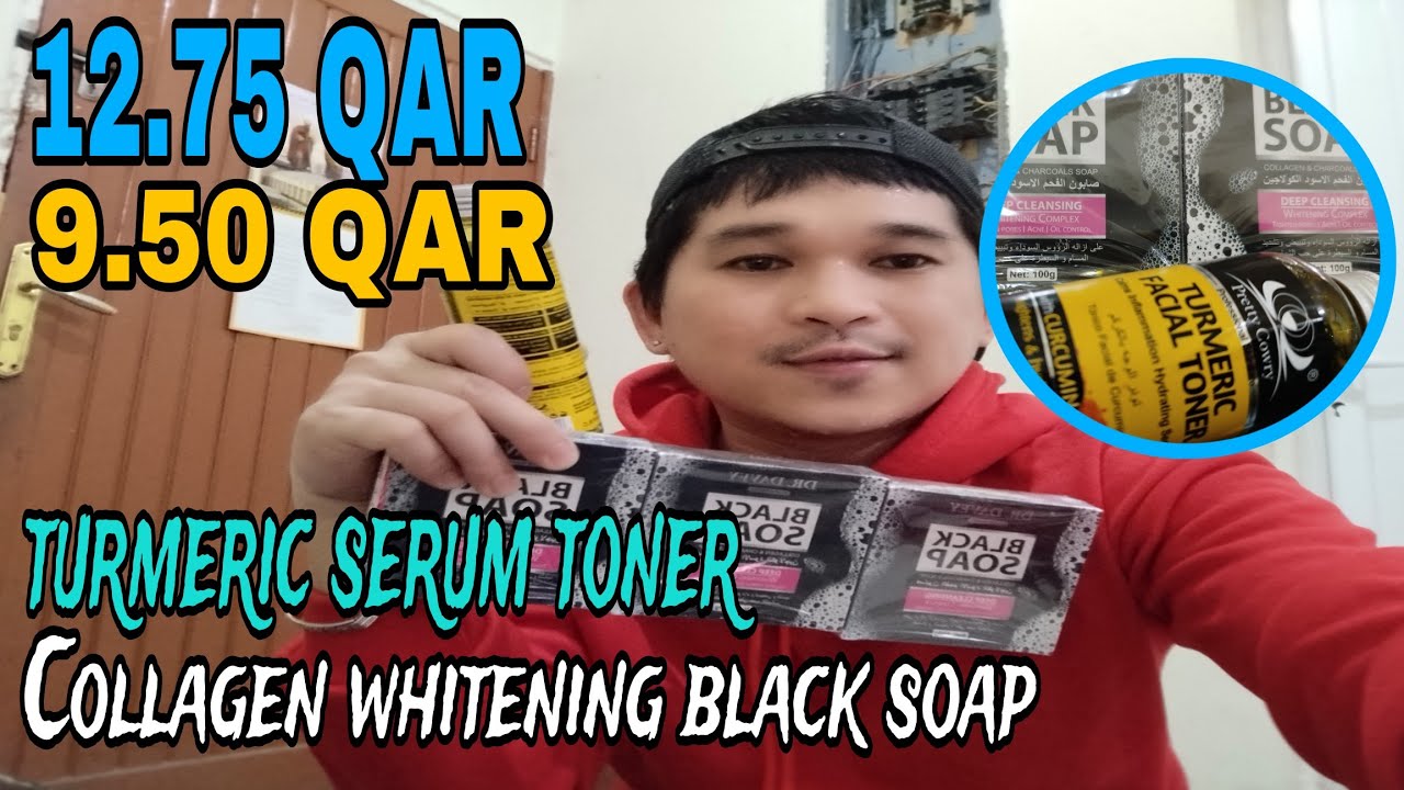 TURMIREC SERUM TONER 12.75 QAR AND COLLAGEN WHITENING BLACK SOAP 9.50 QAR.