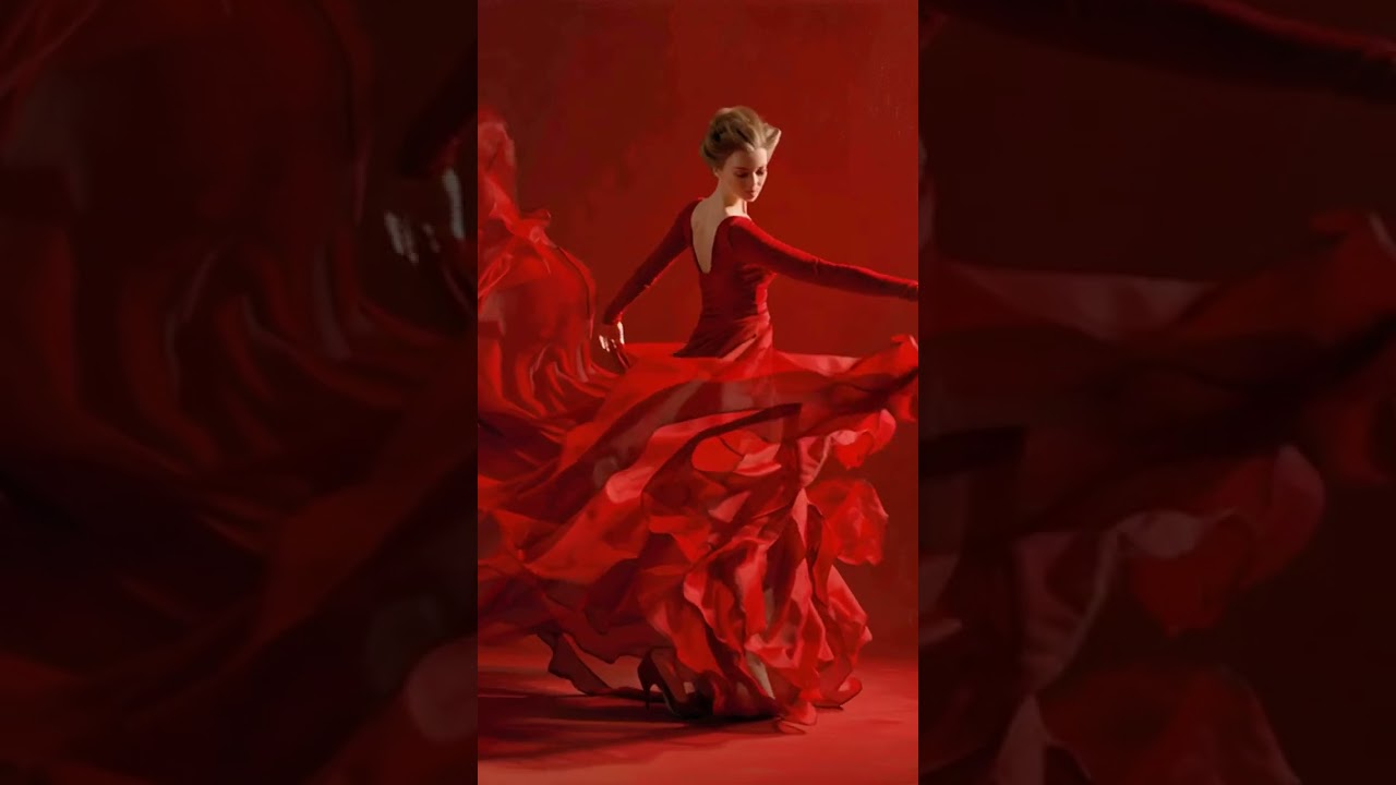 Photorealistic full-length image of a woman in a long red dress on a red background, dancing pass...