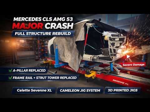 Mercedes CLS AMG 53 Major Crash Repair | A Pillar & Front Rail Replacement on Celette Bench