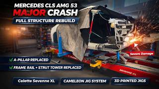 Mercedes CLS AMG 53 Major Crash Repair | A Pillar & Front Rail Replacement on Celette Bench