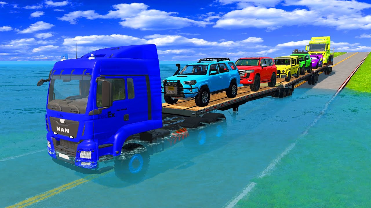 Triple Flatbed Trailer McQueen Transportation with Truck   Speedbumps vs Cars vs Train   BeamNG #08