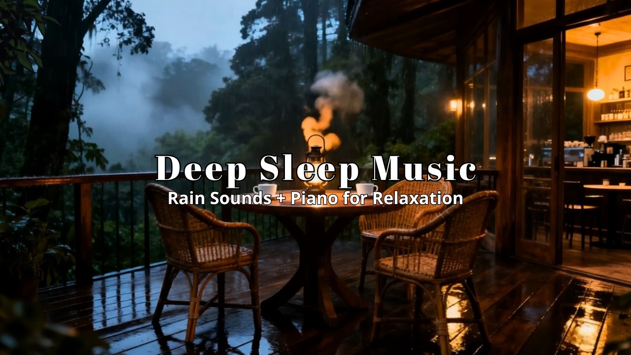 Relaxing Music with Rain Sounds & Piano in Tranquil Woodland Cafe for Peaceful Sleep |Night Ambience