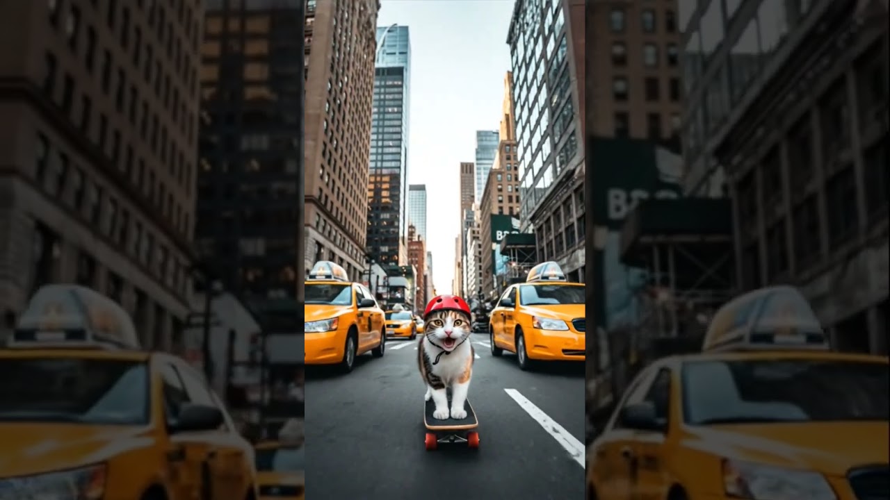 Cat doing skateboarding in the city of New York 
