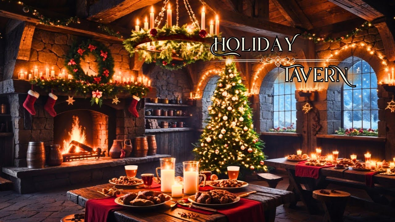 Cozy Medieval Christmas Tavern 🎄🔥 Winter Fireplace, Folk Music & Snowy Night Ambience (2H)
