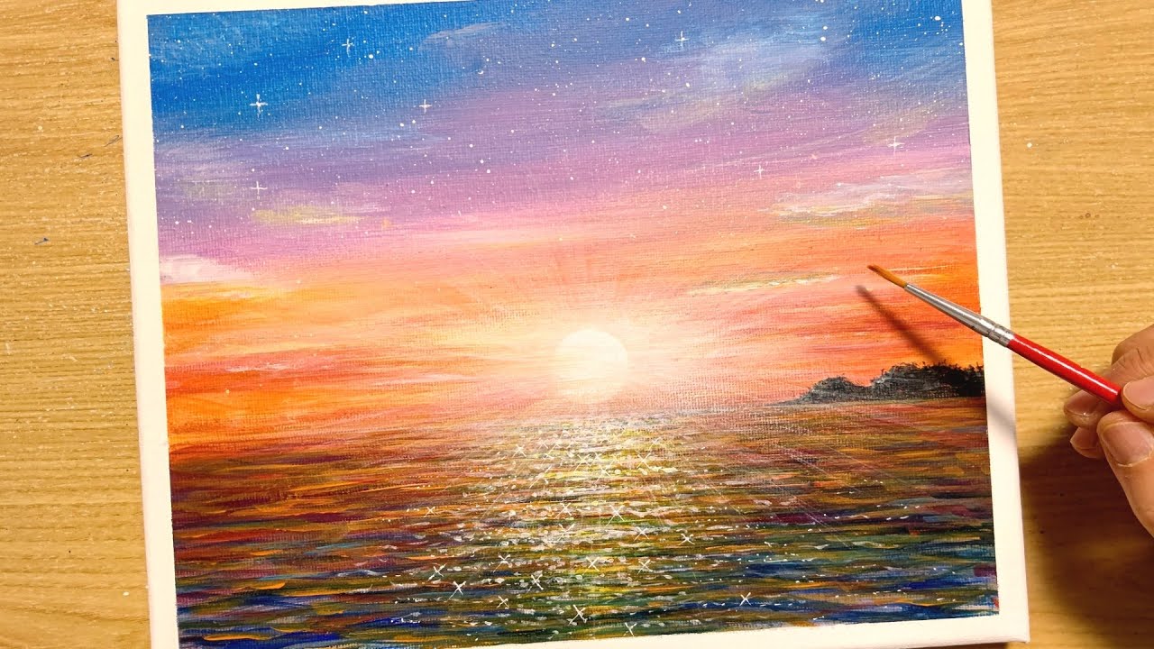 How To Draw The Sea At Sunset Glow With Acrylic Paint For Beginners Step By Step Youtube