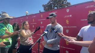 Lincoln RIley media scrum from USC fall camp practice No. 7