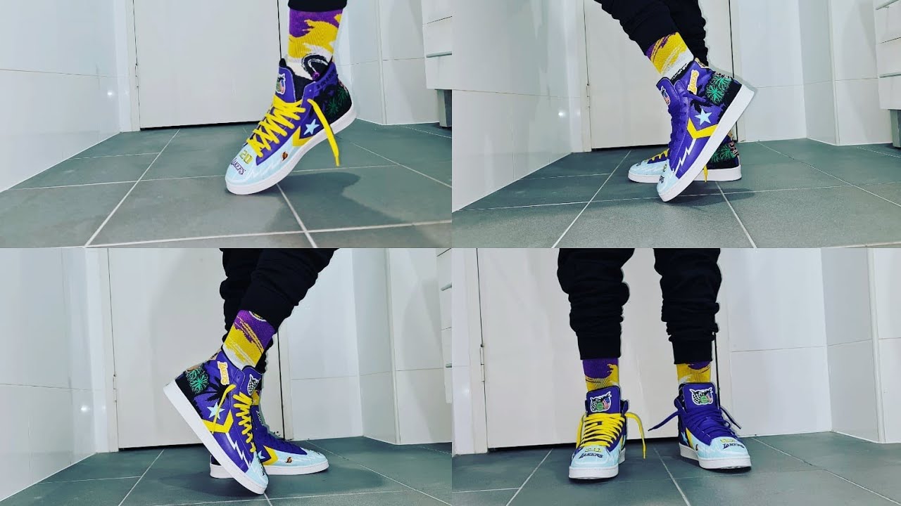 Converse X Chinatown Market Pro Leather High Top Prism Violet on feet 02 Lakers championship jacket