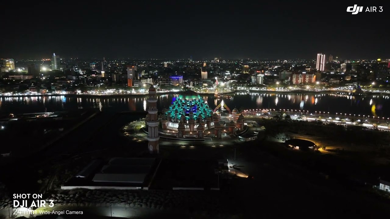 Pemandangan Malam Masjid 99 Kubah Makassar Indonesia | DJI Air 3 | 99 Dome Mosque | CPI