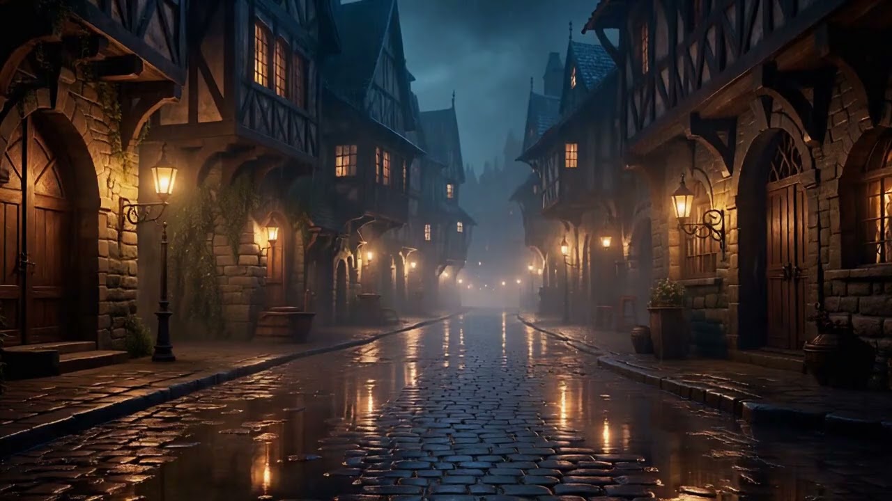 Rainy Cobblestone Street at Night 🌧️🏘️ | 1 Hour Fantasy Ambience