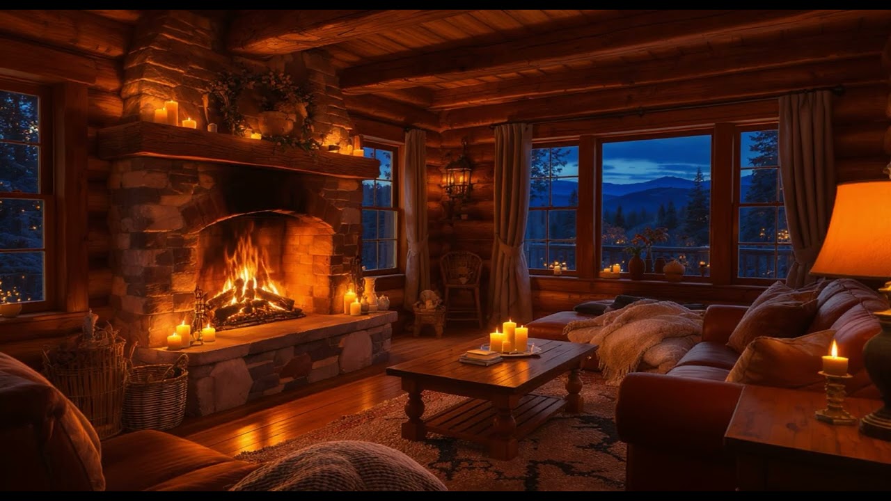 Cozy Cabin Fireplace at Night 🔥 Crackling Fire & Candlelight | 4 Hours