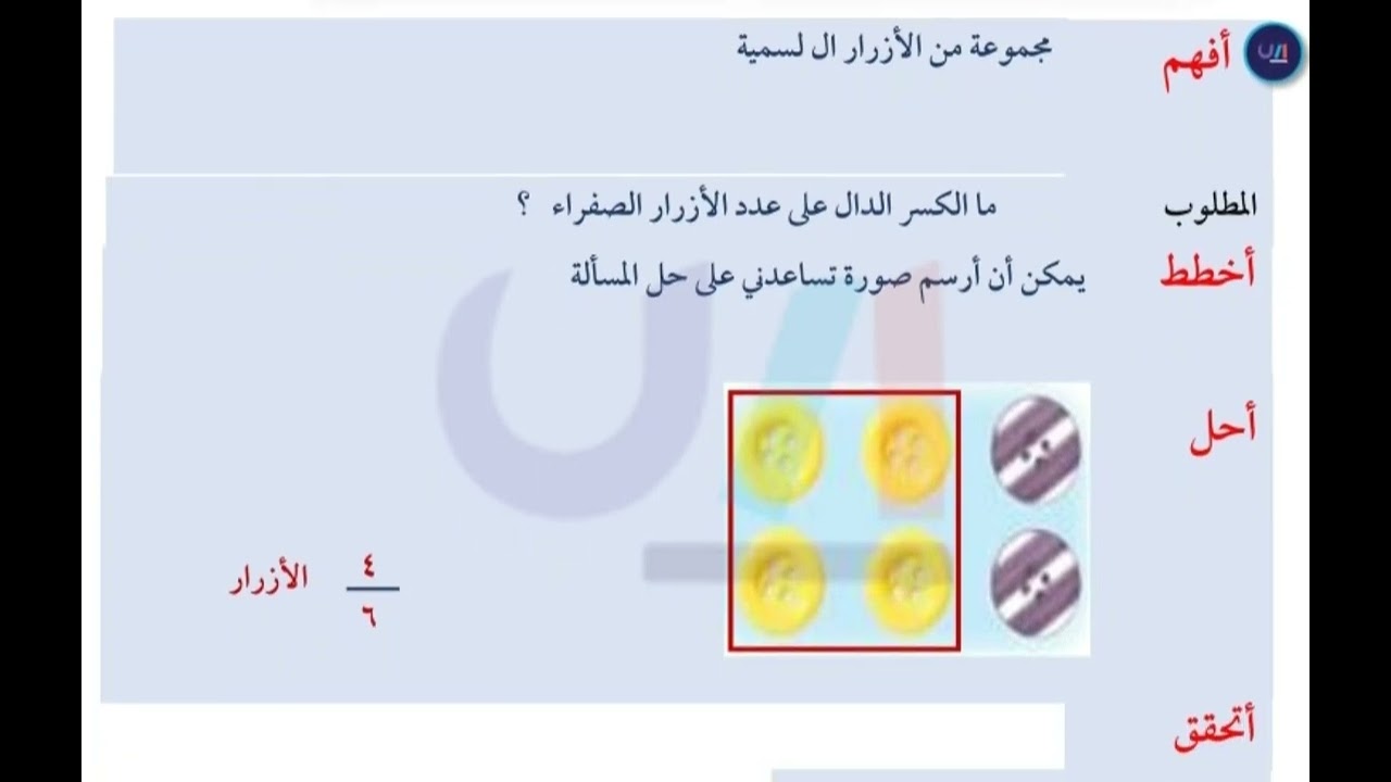 ما الكسر الدال على عدد الازرار الصفراء
