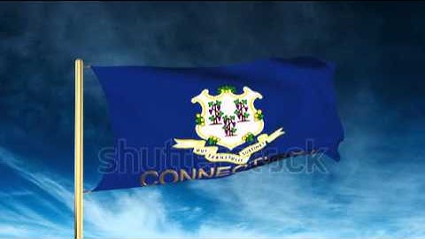 connecticut flag slider style with title. Waving in the wind with cloud background animation Stock