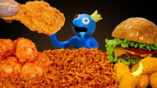 Mukbang Spicy Ramyun Fried Chicken Burger Challenge Rainbow Friends In Real Life