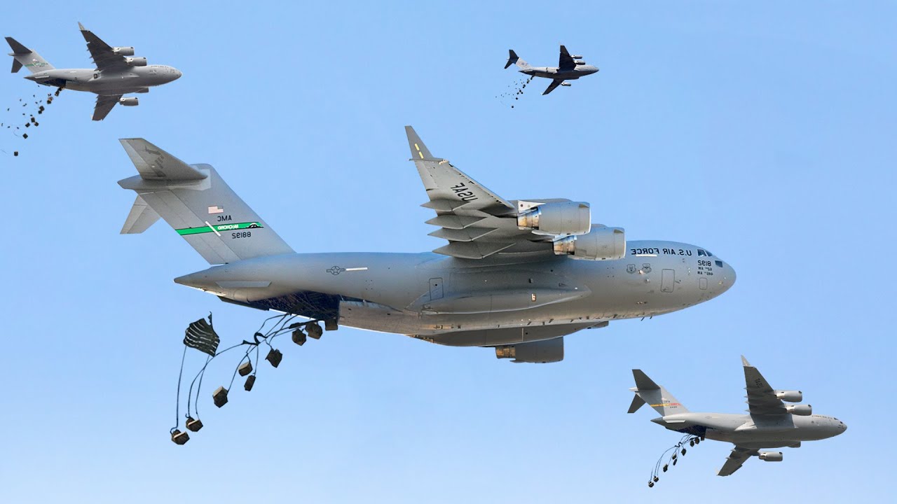 Massive Cargo AirDrop From Gigantic US C 17 Globemaster III YouTube Massive Cargo AirDrop From Gigantic US C 17 Globemaster III YouTube