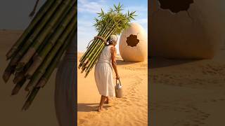 An old woman builds a bamboo house inside the huge egg and starts living in it. #ai #craft
