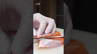 Not always thin slices—watch this master technique for perfect salmon cubes🔶 #salmon #shorts #flyxo