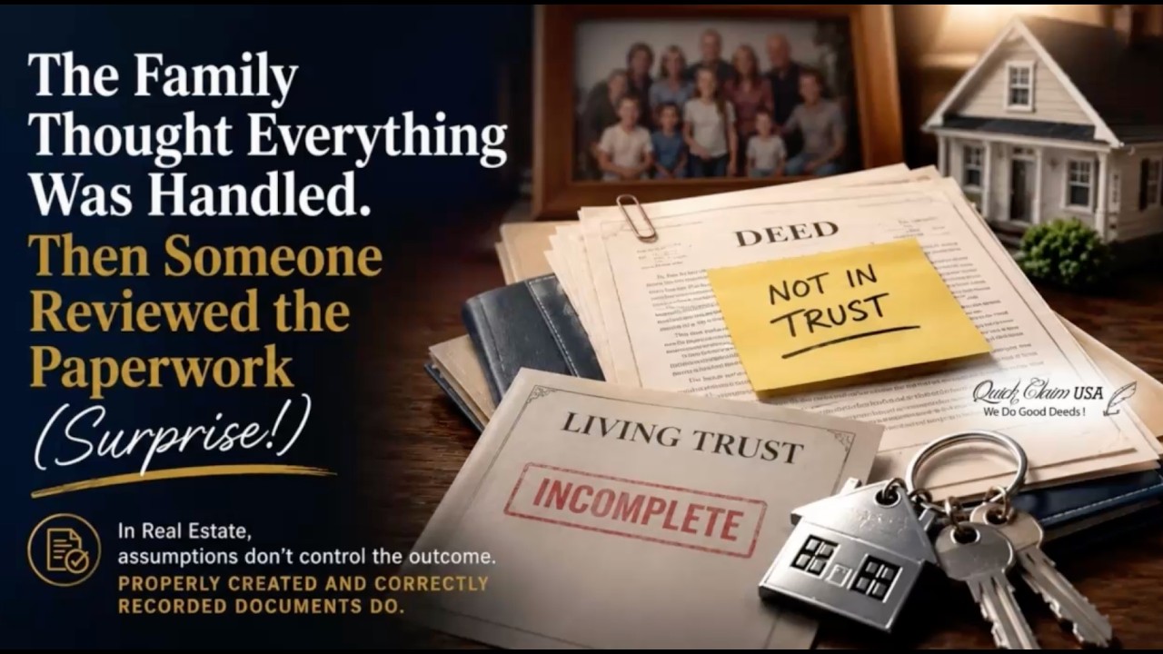 They thought their Living Trust was protecting their property. Then, what they discovered was that the paperwork told a different story. Most people never see it coming until it’s too late.  🌐 Visit our website: https://quickclaimusa.com  📞 Call us at: 702-233–4014  ✅ Subscribe for expert insights on simplifying Real Estate Title and Deed changes in Nevada and beyond!  🔔 Like this video and hit the bell icon to get updates on making property ownership changes easy and stress-free.  About Quick Claim USA  Founded in Las Vegas, Nevada, in May 2011, the owner of Quick Claim USA has over 30 years of experience working in the Title And Escrow, Mortgage Lending And Real Estate Industries.  We pride ourselves on providing a Premier Concierge service experience when you need or want to make changes to the ownership on Real Estate (Title) after a purchase or refinance.  Our Concierge service approach means we take the time to care and listen to your story and provide solutions to achieve your objective. That’s why our motto is “We Do Good Deeds!”.  We specialize in assisting you with updating the Title/Deed to your home. So, whether you need to Add a family member, Transfer your property into a Living Trust or LLC, or Remove a co-owner, we are happy to help. Our team is here to simplify the process and make it easy for you.  On LinkedIn? Subscribe to our LinkedIn Newsletter! It is "An Owner’s Manual to Real Estate: Title Tips and Insights for Property Owners."  Click here to subscribe: https://www.linkedin.com/newsletters/7234225299708624896/  𝘋𝘪𝘴𝘤𝘭𝘢𝘪𝘮𝘦𝘳 𝘰𝘯 𝘞𝘦𝘣𝘴𝘪𝘵𝘦.