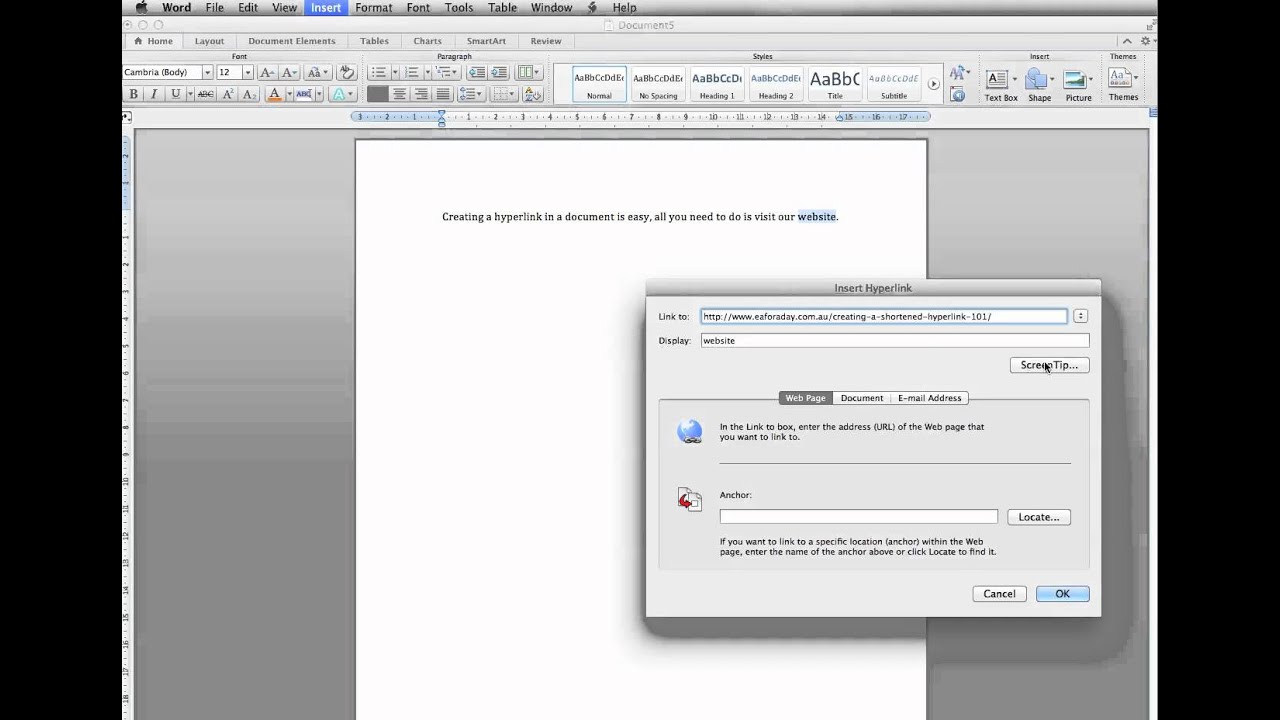 hyperlinking within a word document ms office 2011 for mac