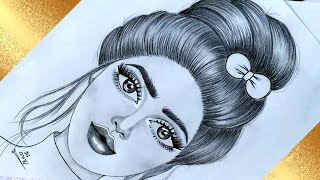 رسم بنات|تعليم رسم بنت كيوت مع فيونكة على الشعر بالرصاص سهل خطوة بخطوة للمبتدئين|رسم سهل|تعلم الرسم