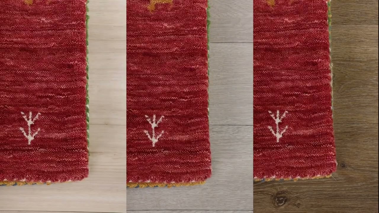 赤いウールラグ 手織り インド 手織り絨毯 ウール ＜約60 x 94.5 ㎝＞ 赤・トライバル