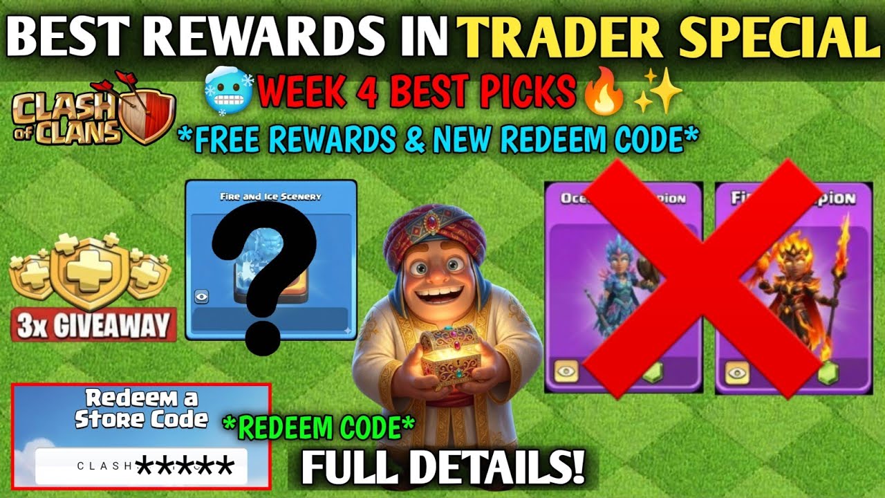 🚨TRADER SPECIALS WEEK 4 REWARDS in Clash Of Clans - Free Scenery,Hero Skins,Decos & Magic Items!✅